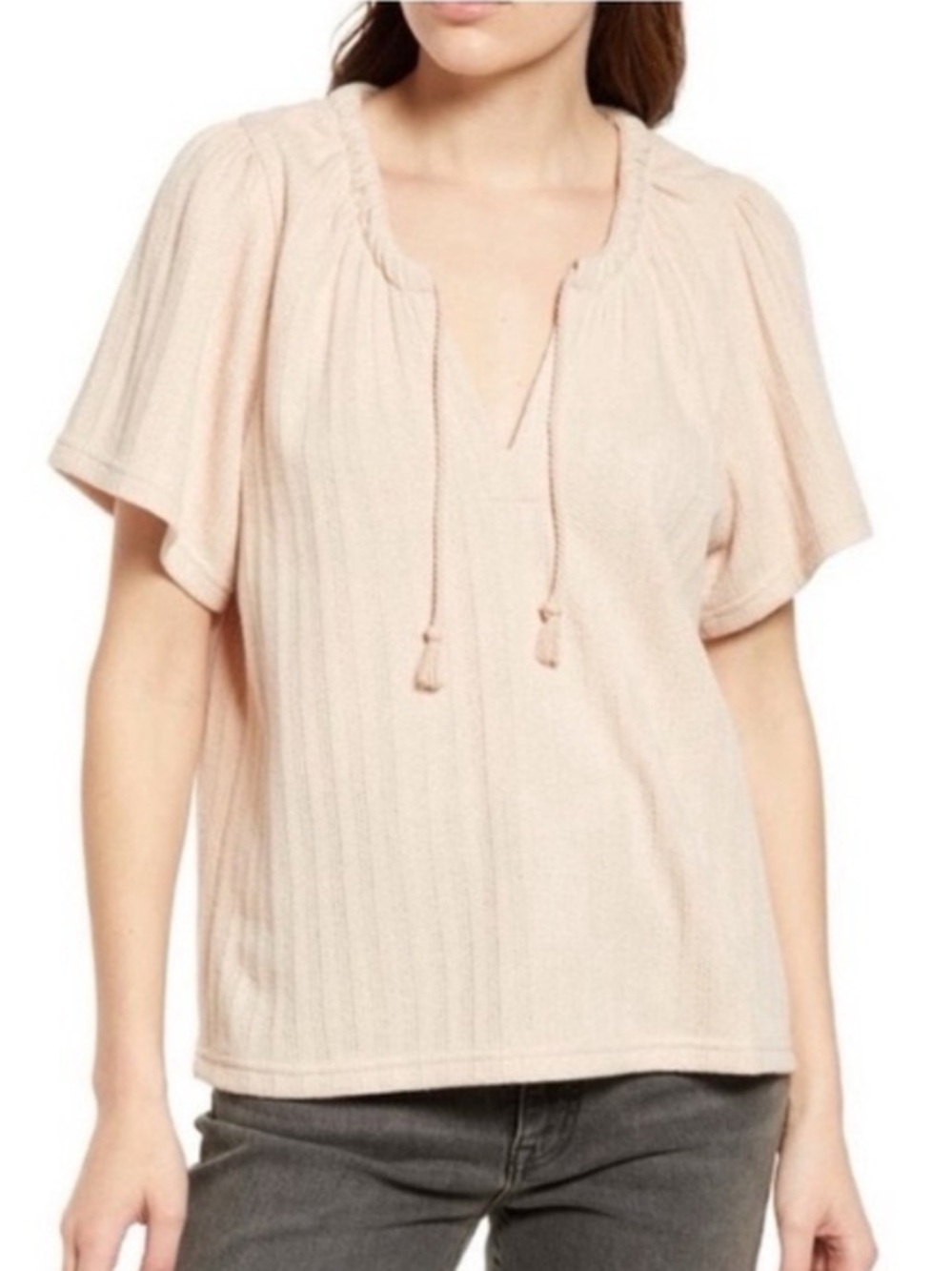 Madewell Blush Pink Tie Neck Short Sleeve Peasant Top Size Medium